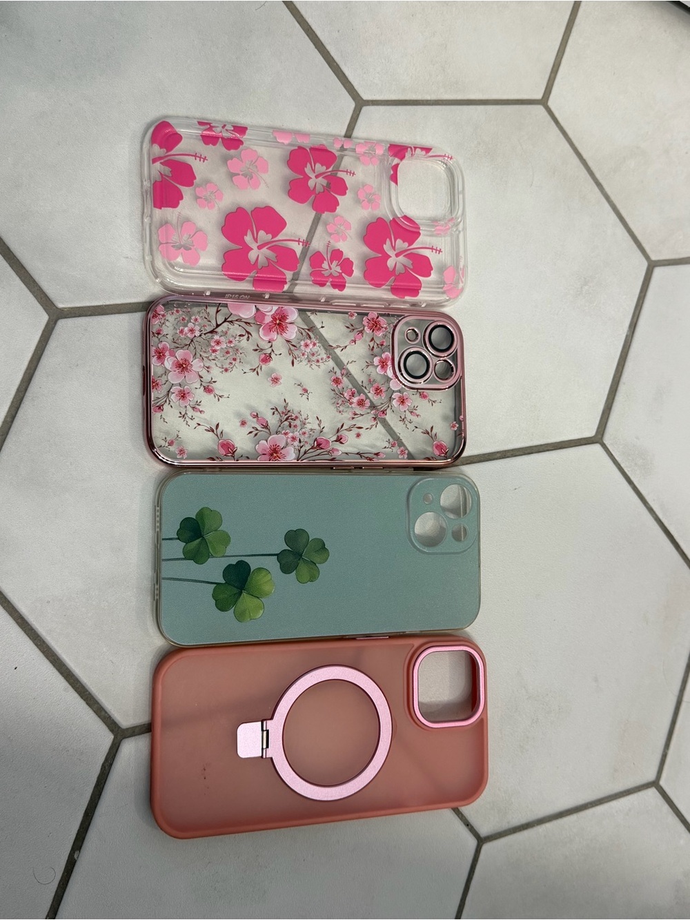 iPhone 15 Floral Clear Phone Case with Pink Hibiscus and Blossom Design